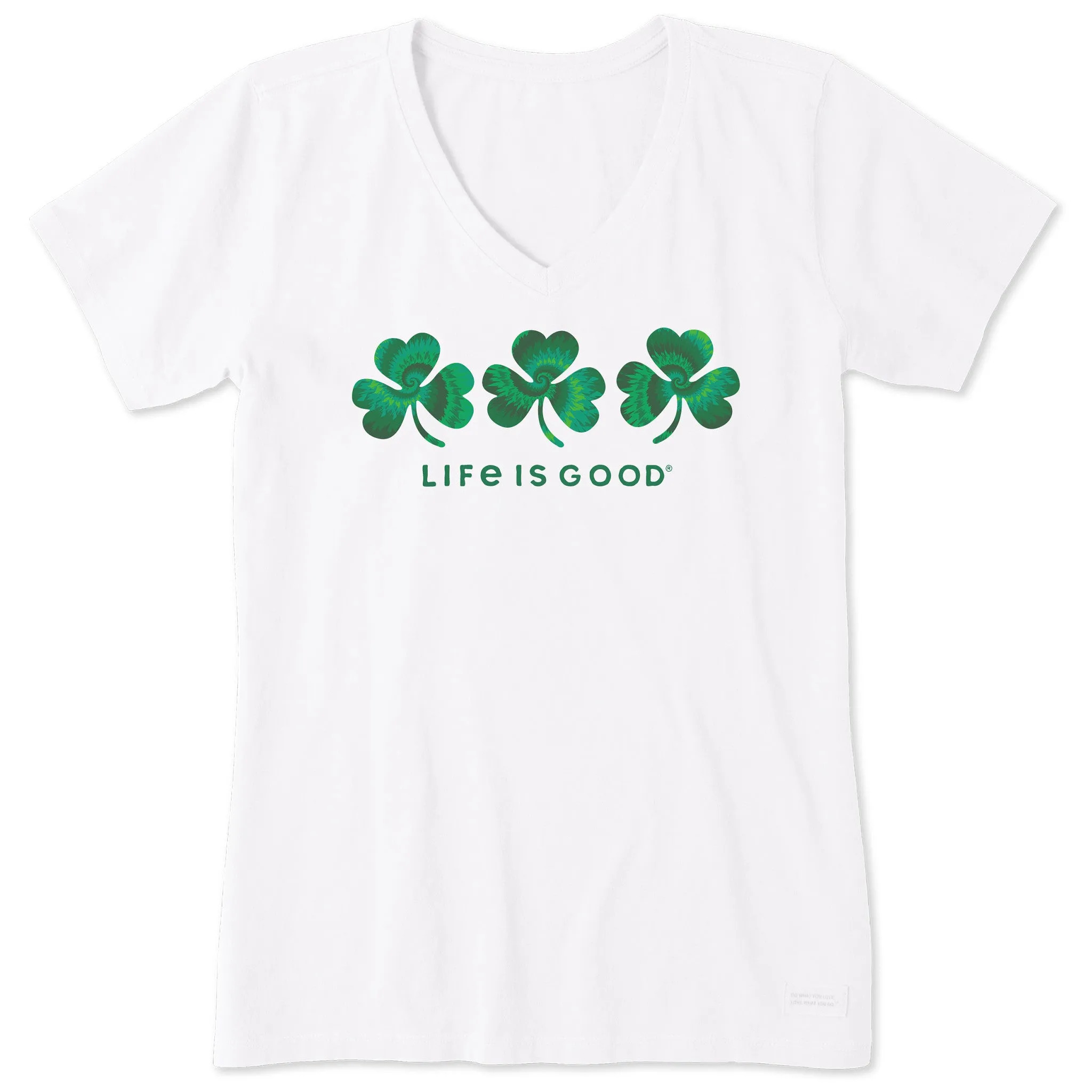Women's 3 Tie Dye Clovers Short Sleeve Crusher Vee Life is Good