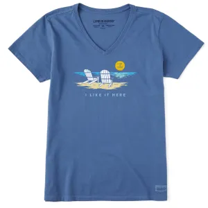 Women's Adirondack Beach I Like it Here Short Sleeve Vee Life is Good