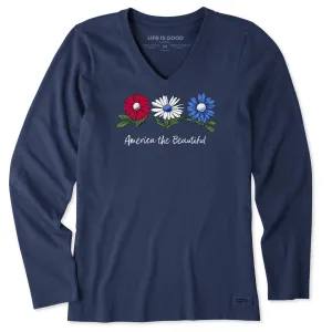 Women's America the Beautiful Daisies Long Sleeve Crusher Vee Life is Good