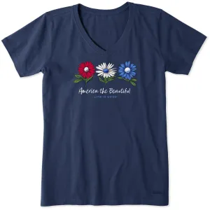 Women's America the Beautiful Daisies Short Sleeve Vee Life is Good