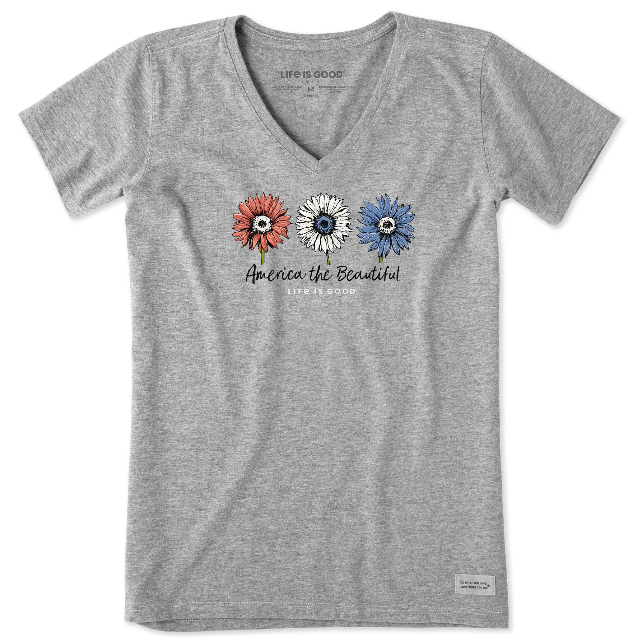 Women's America the Beautiful Sunflowers Short Sleeve Vee Life is Good