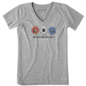 Women's America the Beautiful Sunflowers Short Sleeve Vee Life is Good