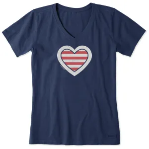 Women's American Striped Heart Short Sleeve Vee Life is Good