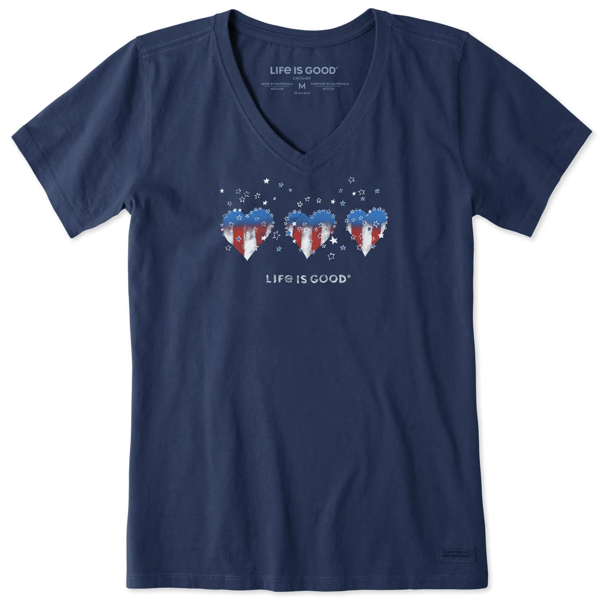 Women's Americana Hearts Stars and Stripes Short Sleeve Crusher Vee Life is Good