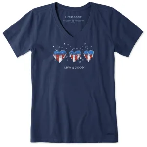 Women's Americana Hearts Stars and Stripes Short Sleeve Crusher Vee Life is Good