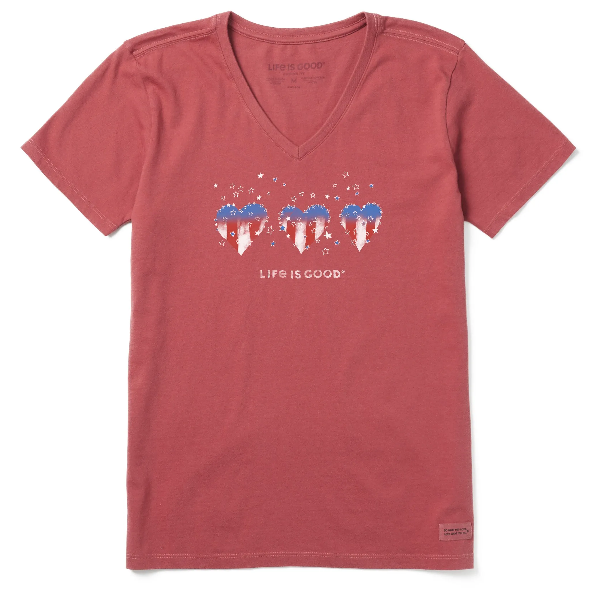 Women's Americana Hearts Stars and Stripes Short Sleeve Crusher Vee Life is Good