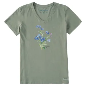 Women's Antique Blue Flowers Short Sleeve Crusher Vee Life is Good