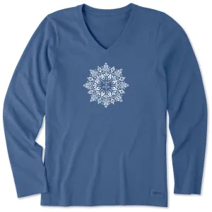 Women's Antique Snowflake Mandala Long Sleeve Crusher Vee Life is Good