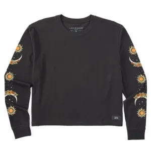 Women's Autumn Celestial Moon Flowers Long Sleeve Crusher Boxy Tee Life is Good