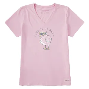 Women's Baby Chick Flower Crown Short Sleeve Crusher Vee Life is Good
