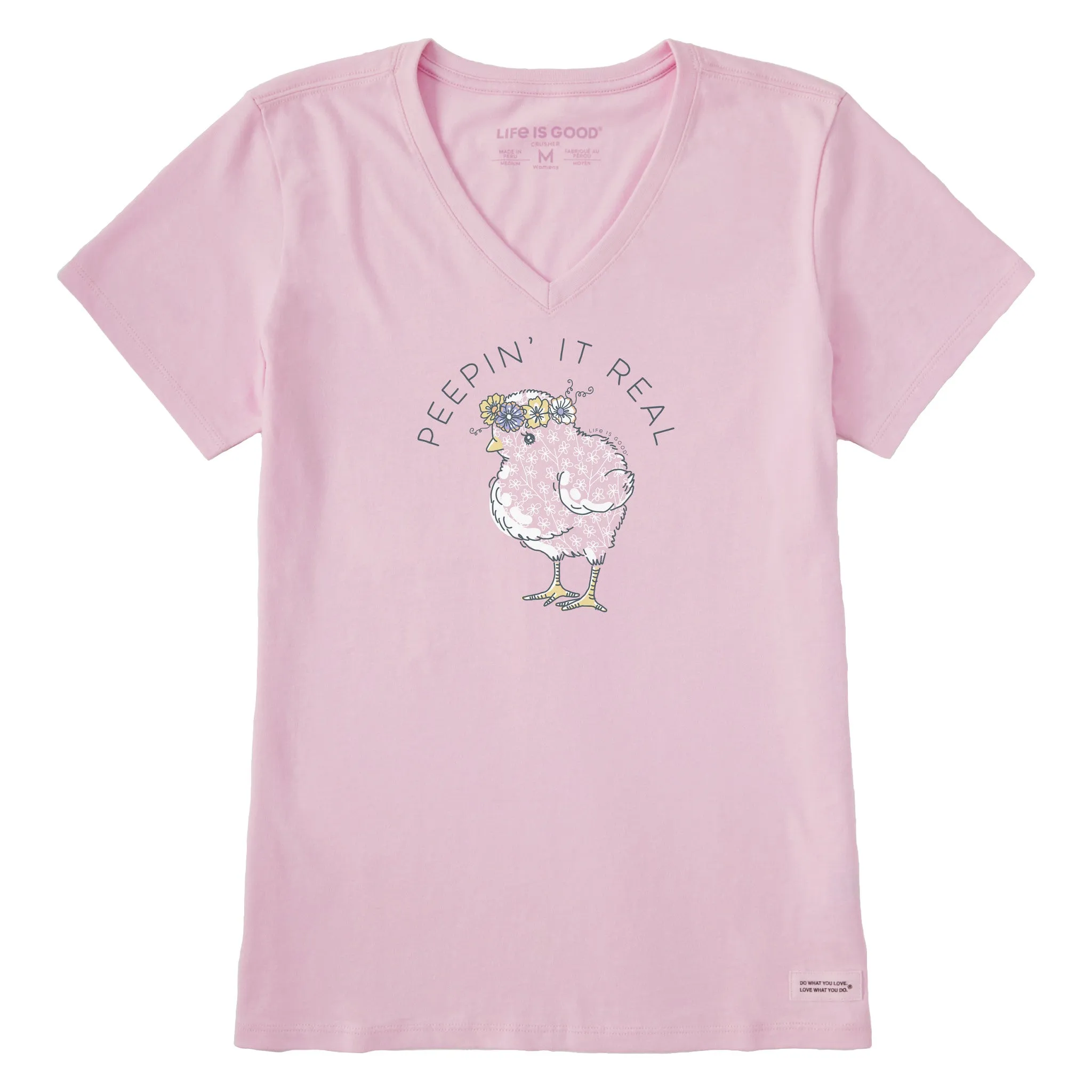 Women's Baby Chick Flower Crown Short Sleeve Crusher Vee Life is Good