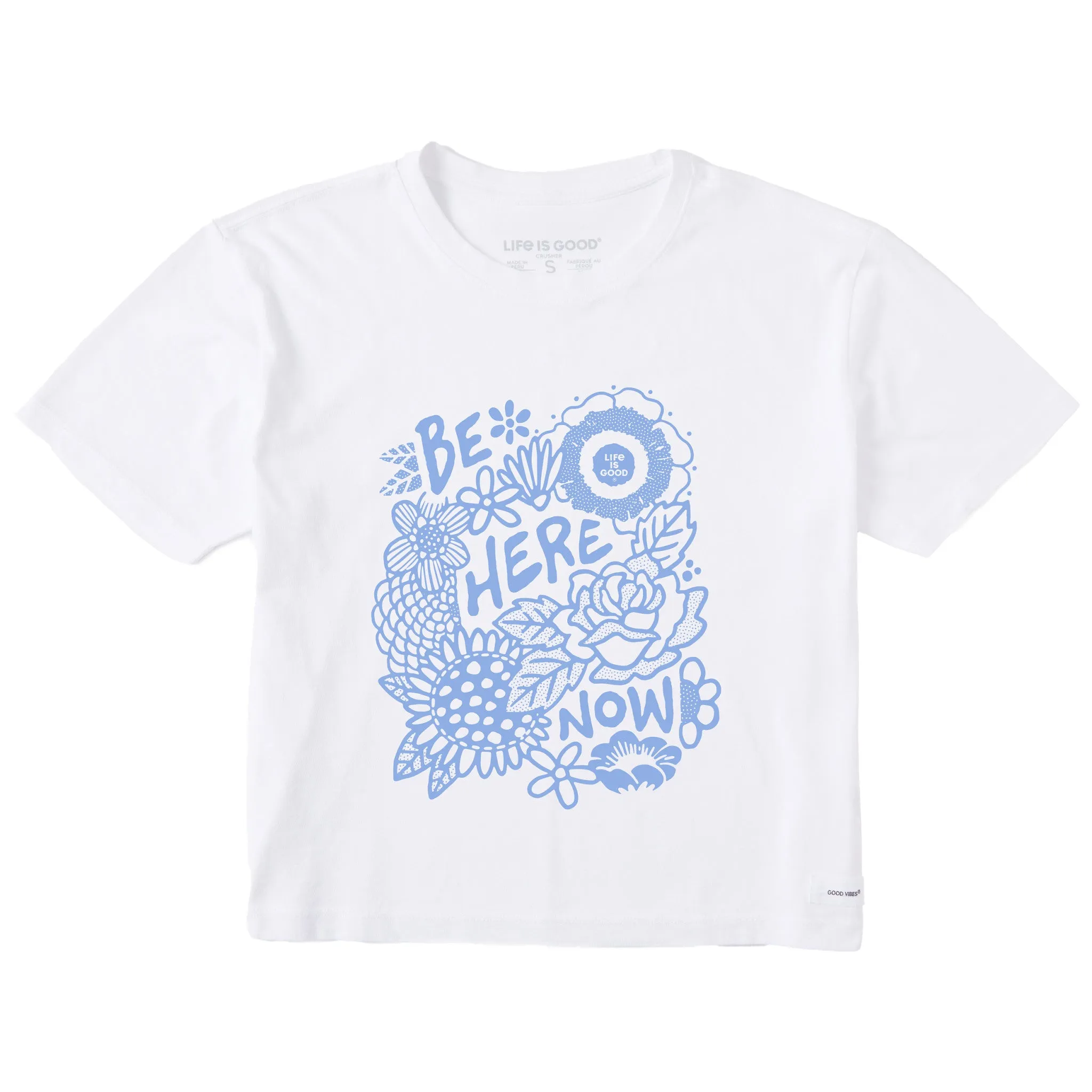 Women's Be Here Now Flower Field Short Sleeve Crusher Boxy Tee Life is Good