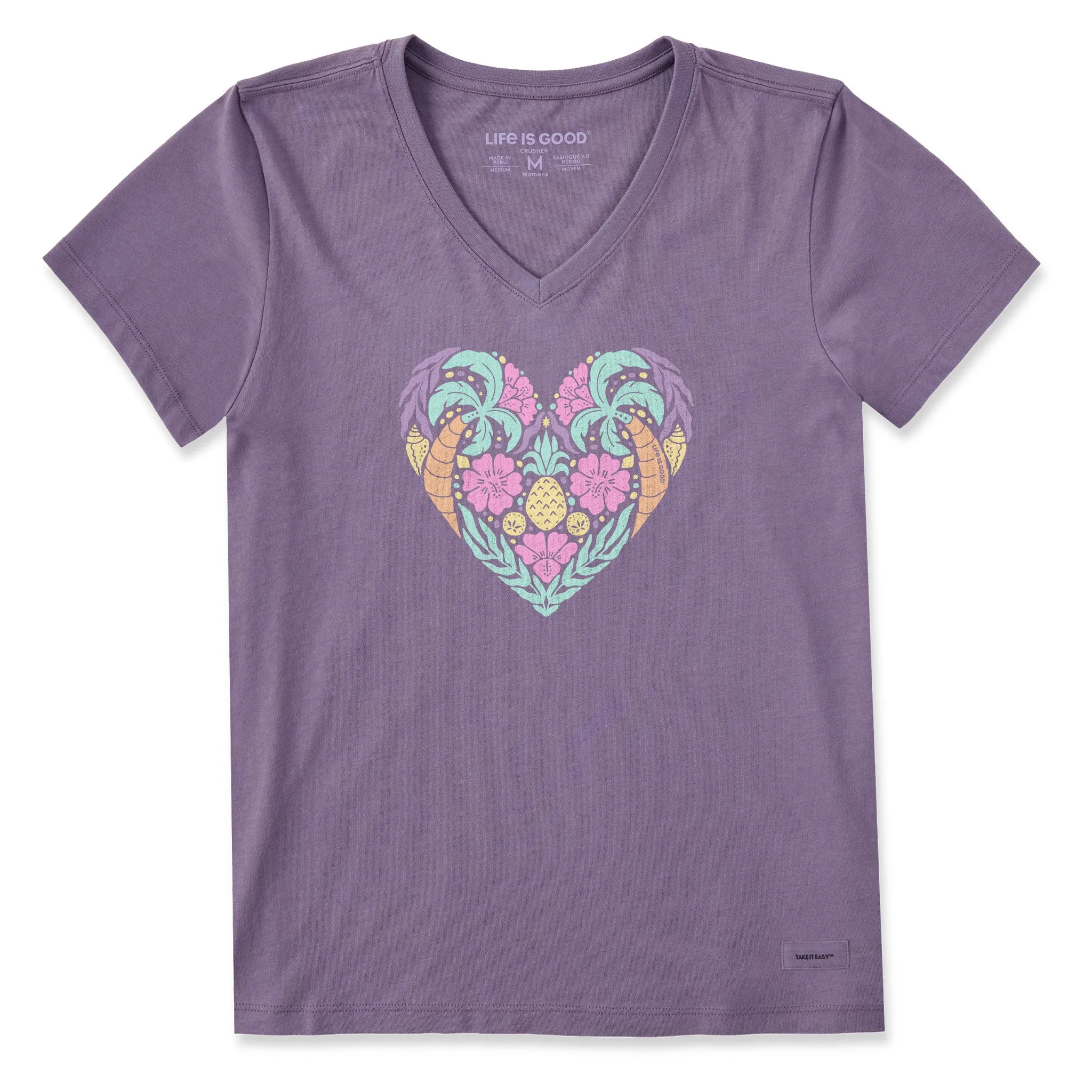 Women's Beach Design Heart Short Sleeve Crusher Vee Life is Good