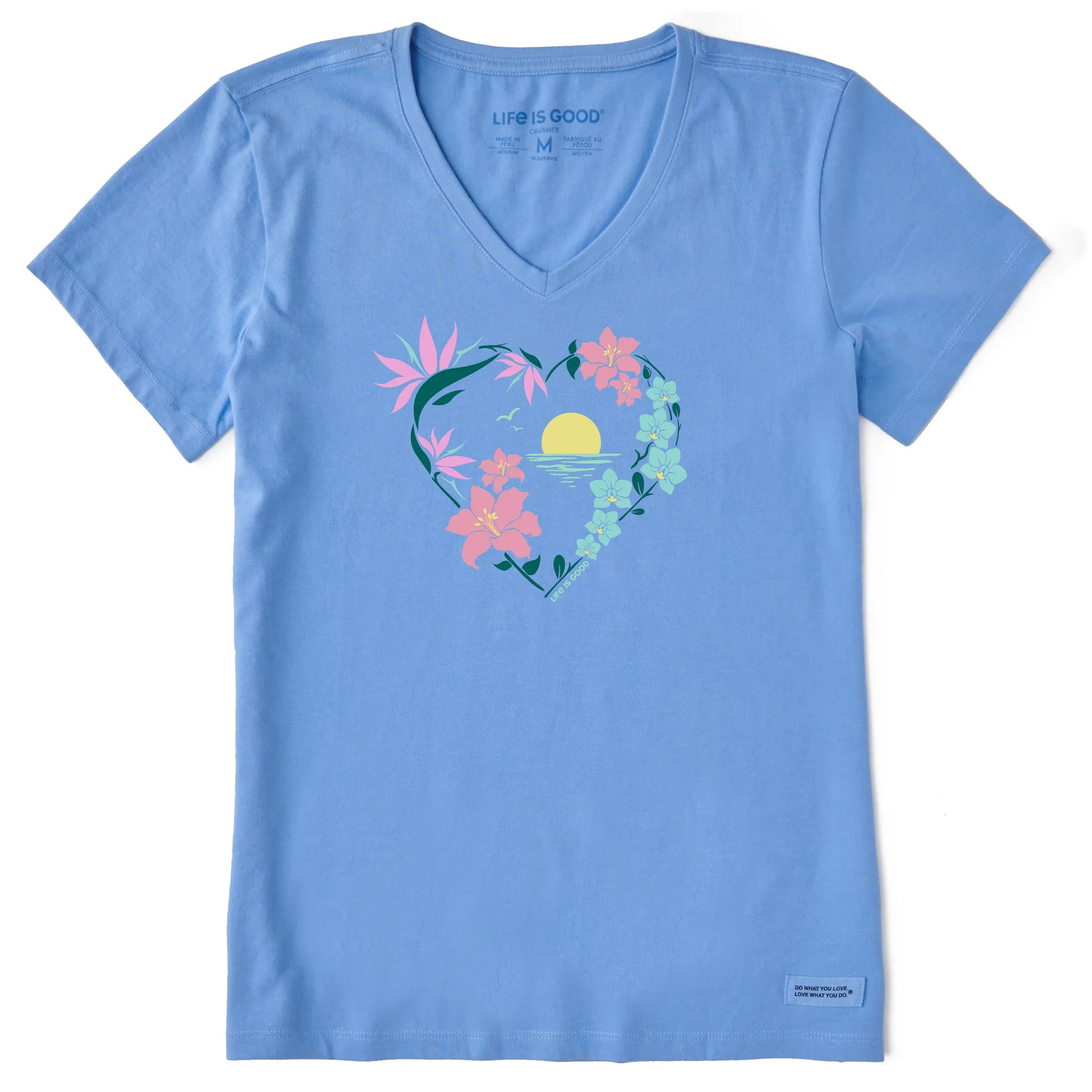 Women's Beach Flowers Short Sleeve Crusher Vee Life is Good