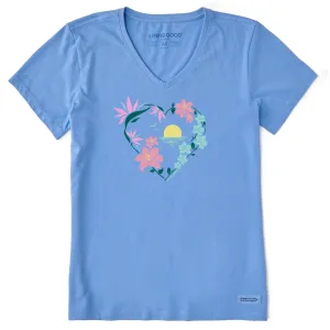 Women's Beach Flowers Short Sleeve Crusher Vee Life is Good