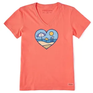 Women's Beach Scene Heart Short Sleeve Vee Life is Good