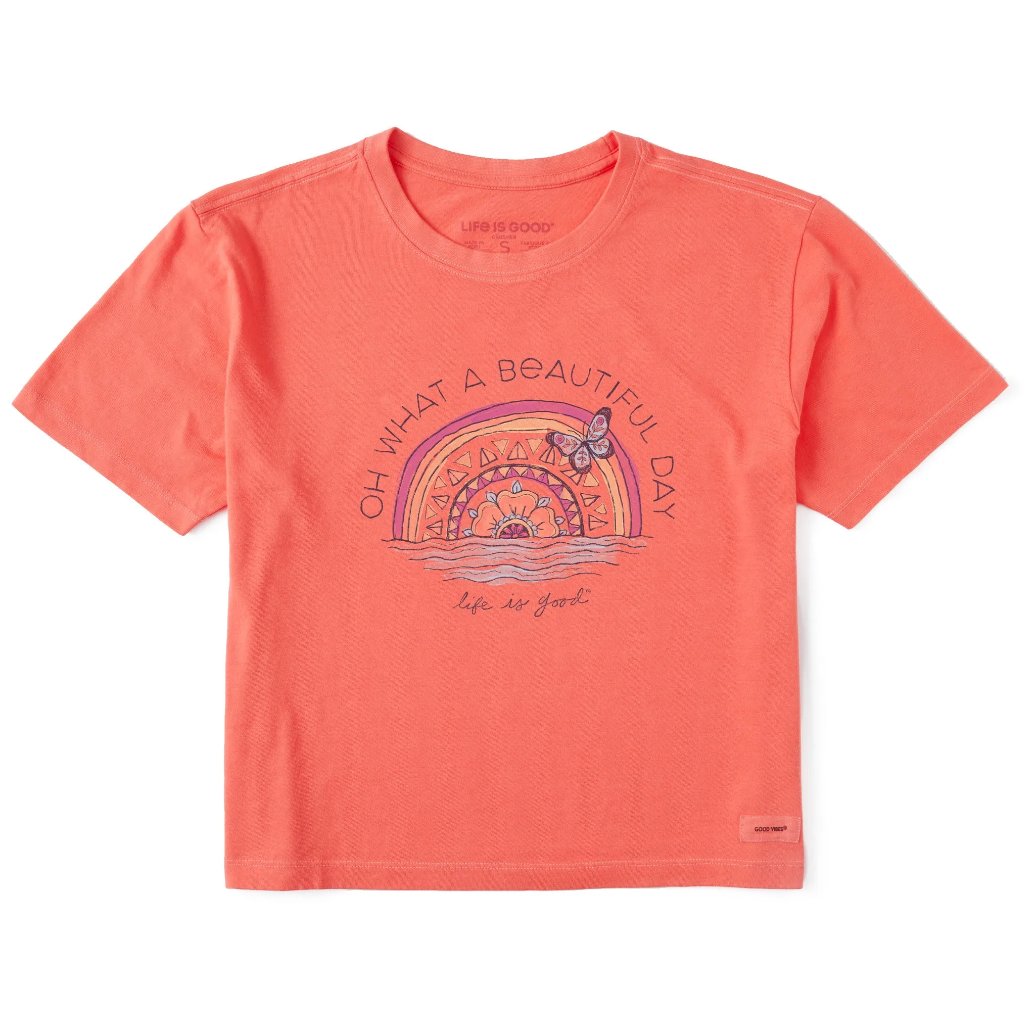 Women's Beautiful Day Butterfly Rainbow Short Sleeve Crusher Boxy Tee Life is Good