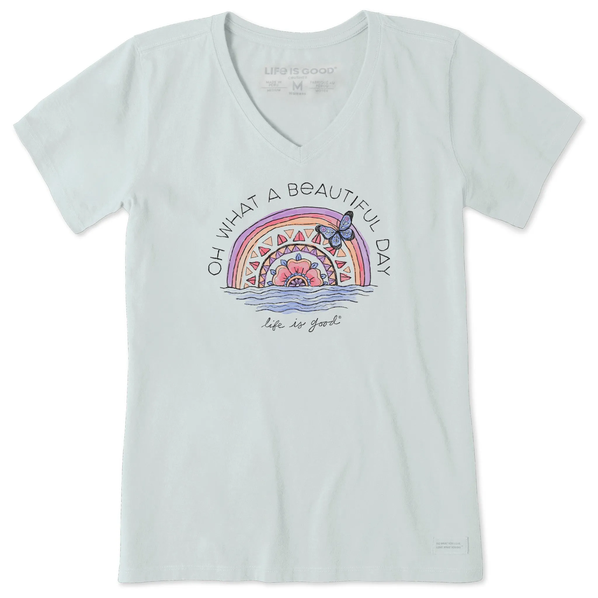 Women's Beautiful Day Butterfly Rainbow Short Sleeve Vee Life is Good