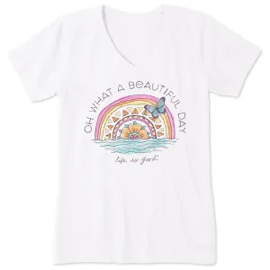 Women's Beautiful Day Butterfly Rainbow Short Sleeve Vee Life is Good