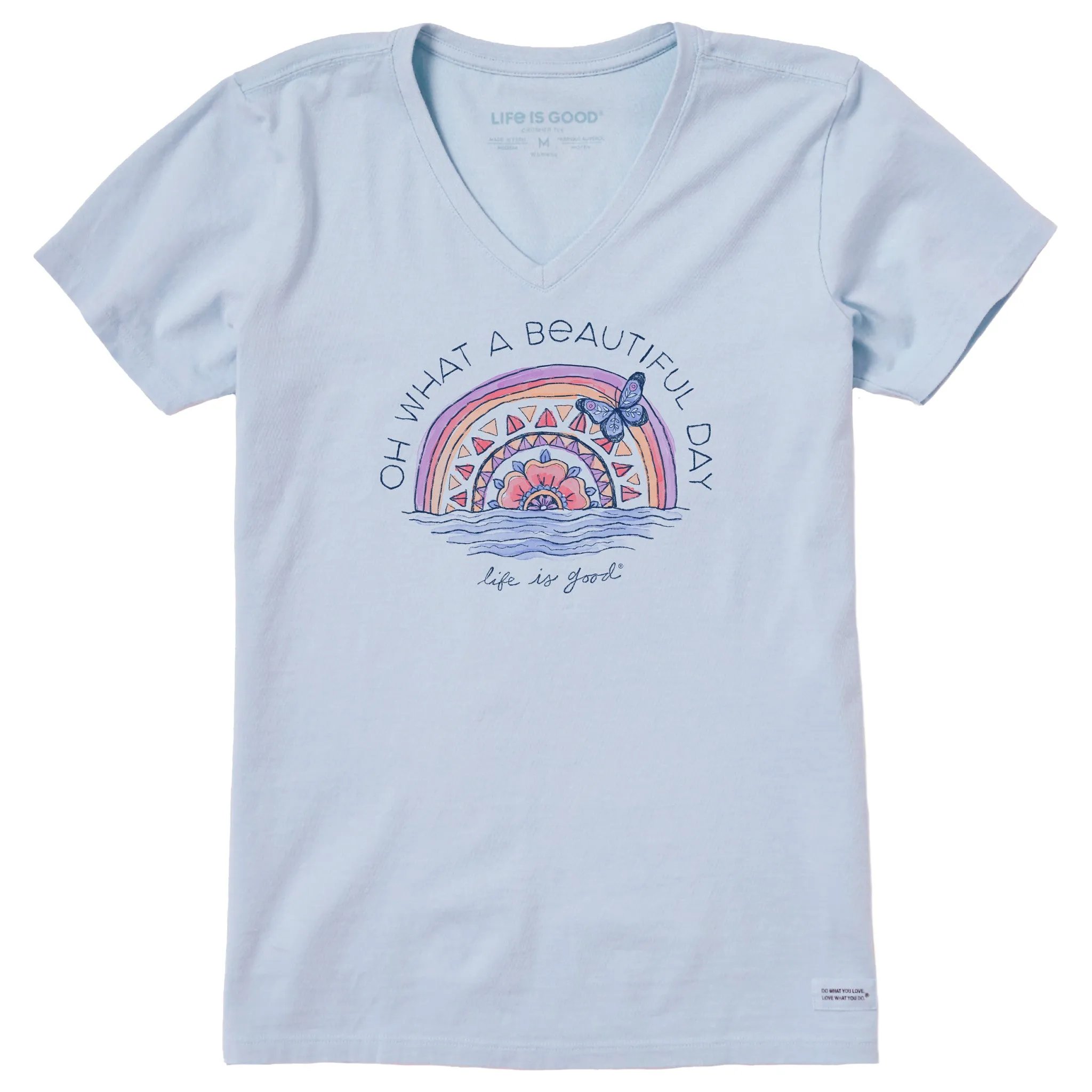 Women's Beautiful Day Butterfly Rainbow Short Sleeve Vee Life is Good