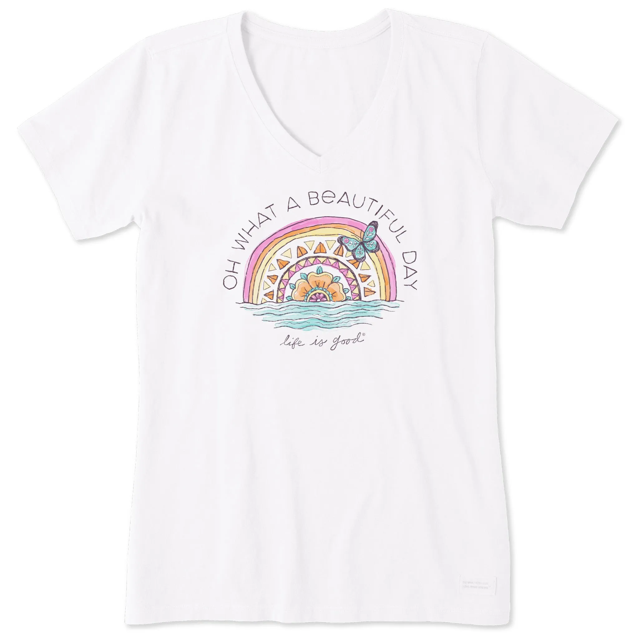 Women's Beautiful Day Butterfly Rainbow Short Sleeve Vee Life is Good