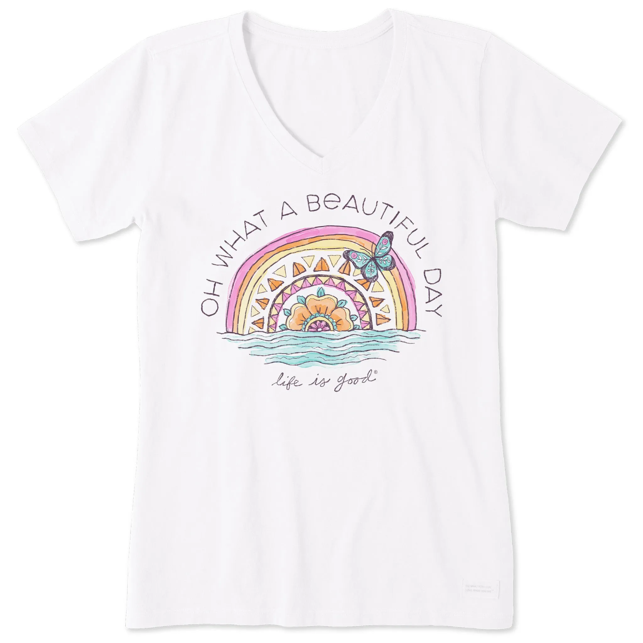 Women's Beautiful Day Butterfly Rainbow Short Sleeve Vee Life is Good