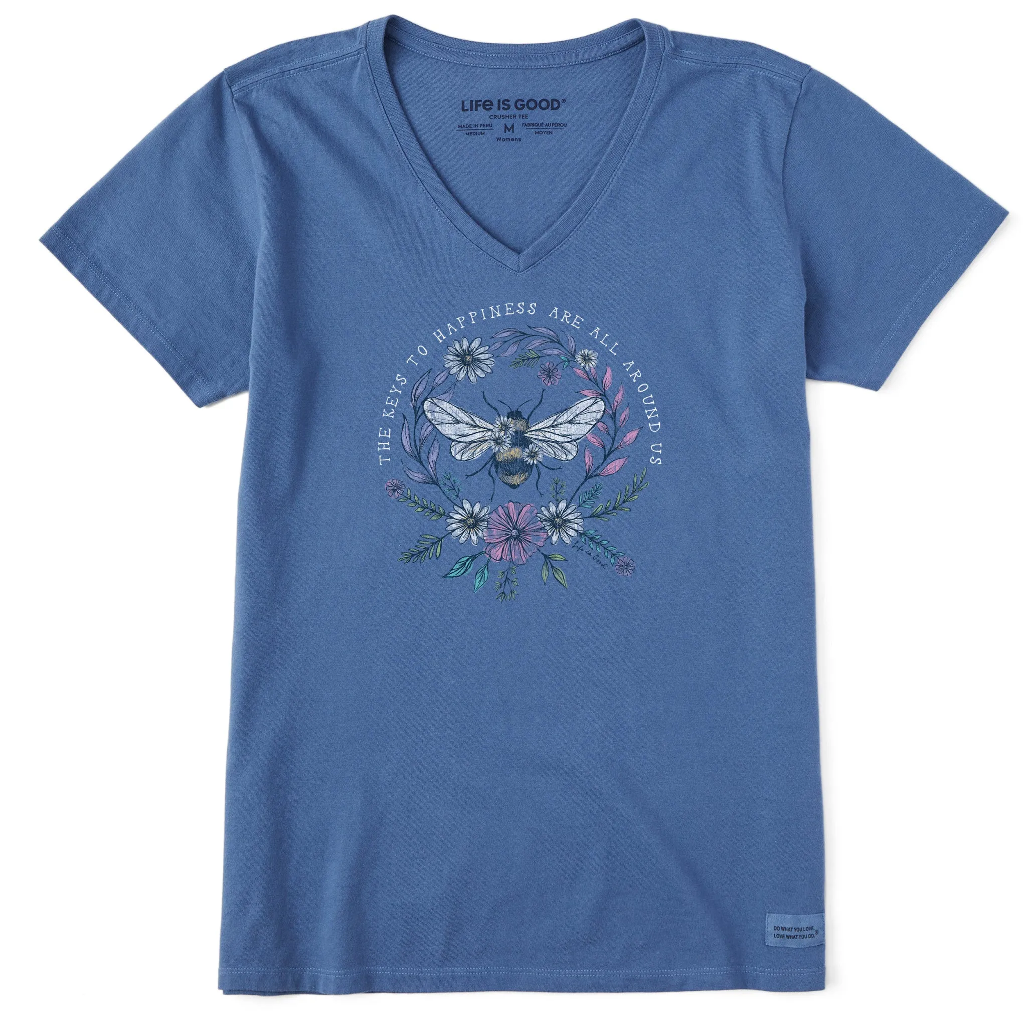 Women's Bee Happiness All Around Short Sleeve Crusher Vee Life is Good