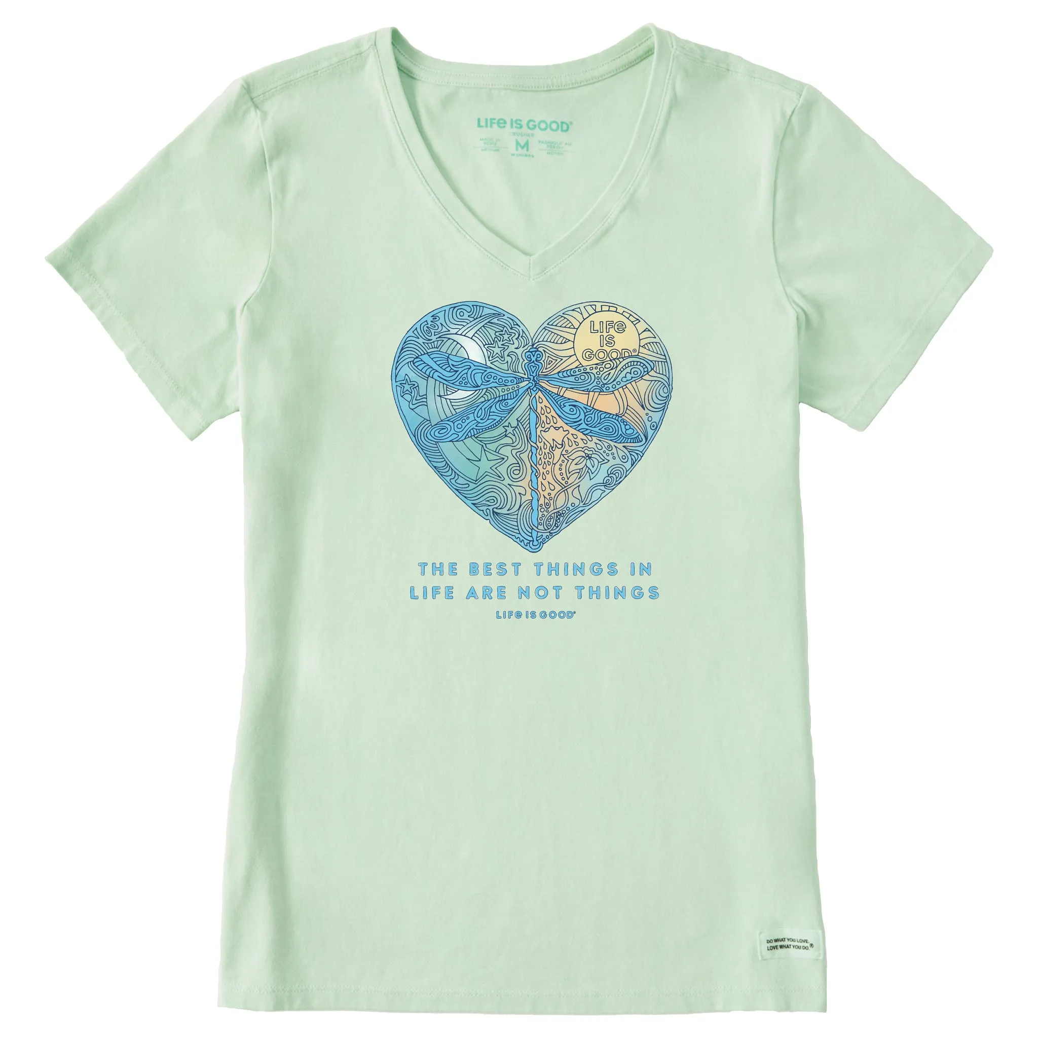 Women's Best Things Dragonfly Heart Short Sleeve Crusher Vee Life is Good
