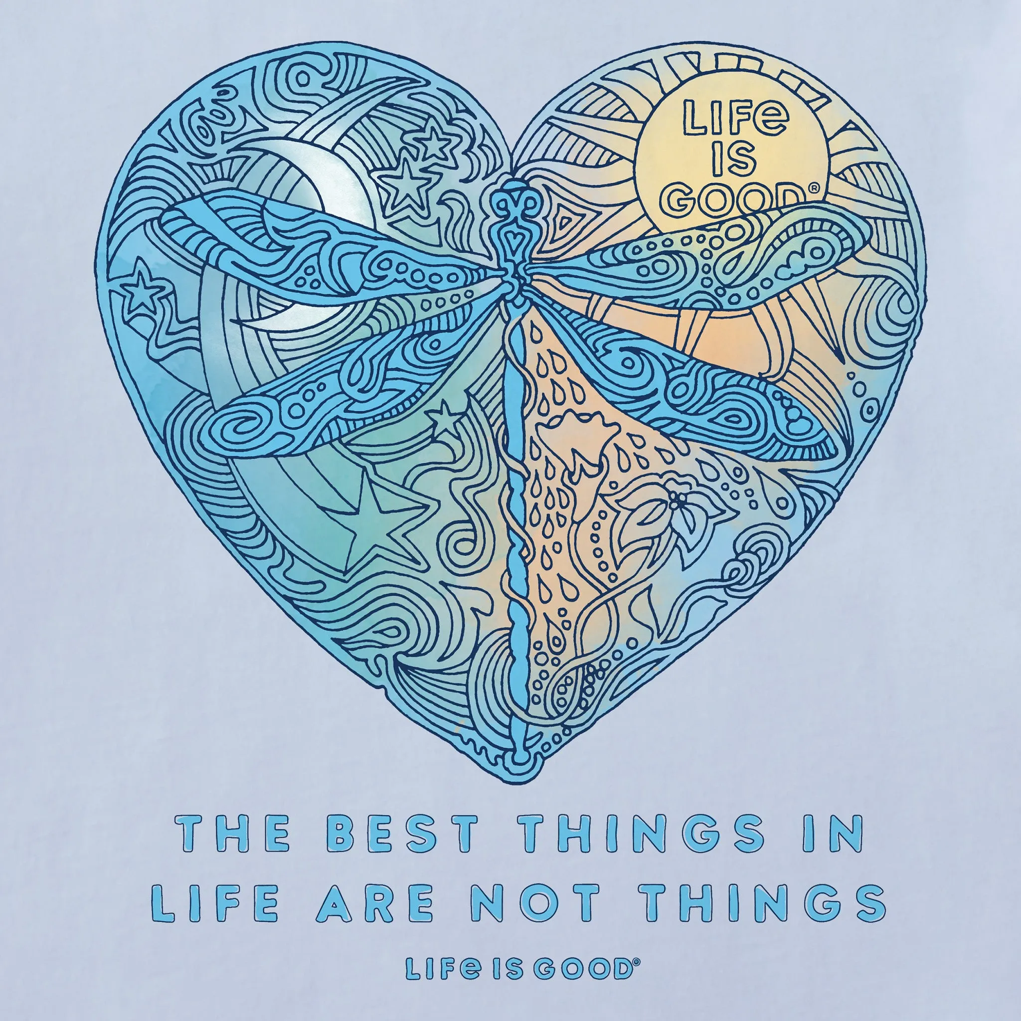Women's Best Things Dragonfly Heart Short Sleeve Crusher Vee Life is Good