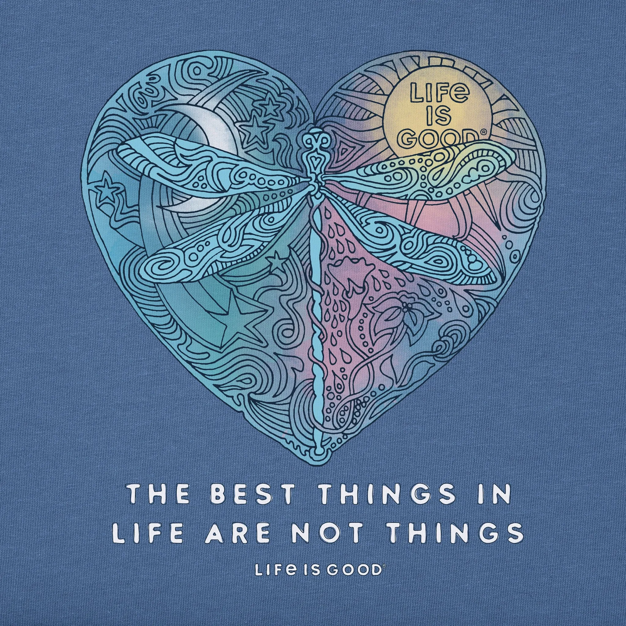 Women's Best Things Dragonfly Heart Short Sleeve Crusher Vee Life is Good