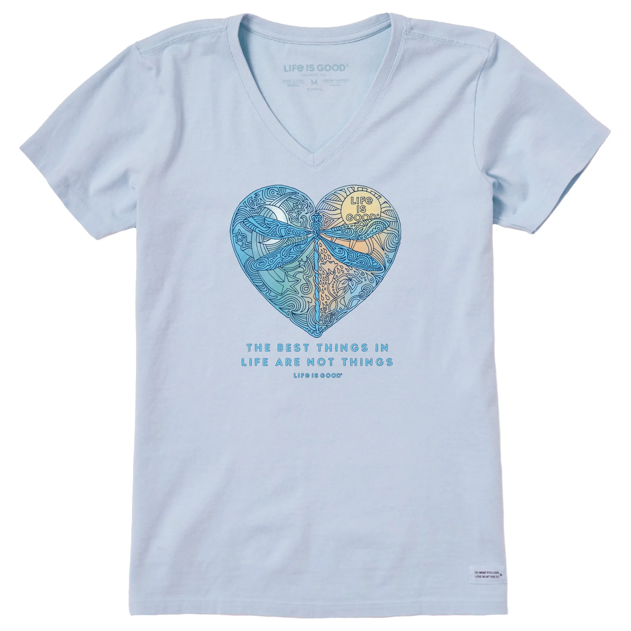 Women's Best Things Dragonfly Heart Short Sleeve Crusher Vee Life is Good