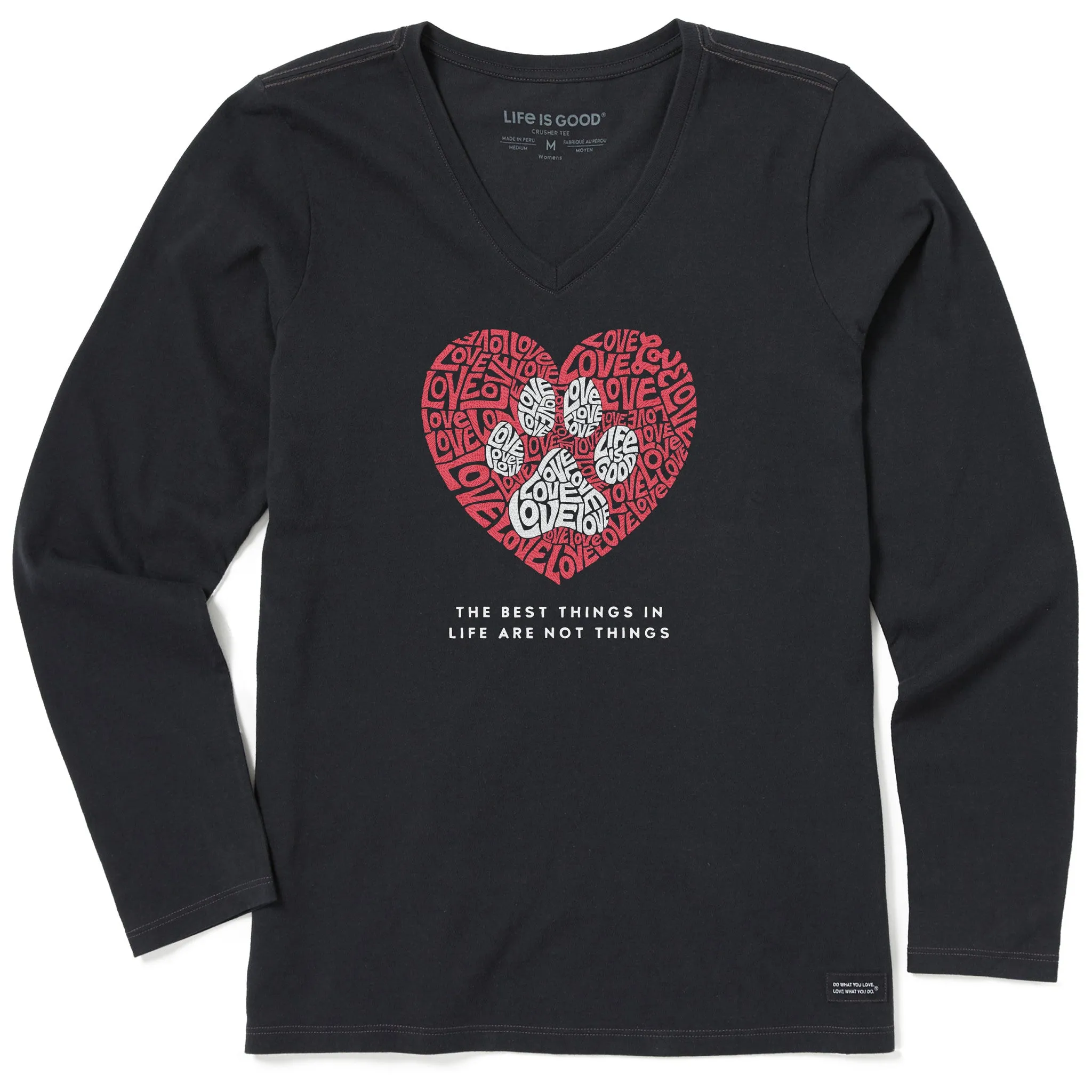 Women's Best Things Paw Heart Long Sleeve Crusher Vee Life is Good