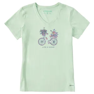 Women's Bike Flower Baskets Short Sleeve Vee Life is Good