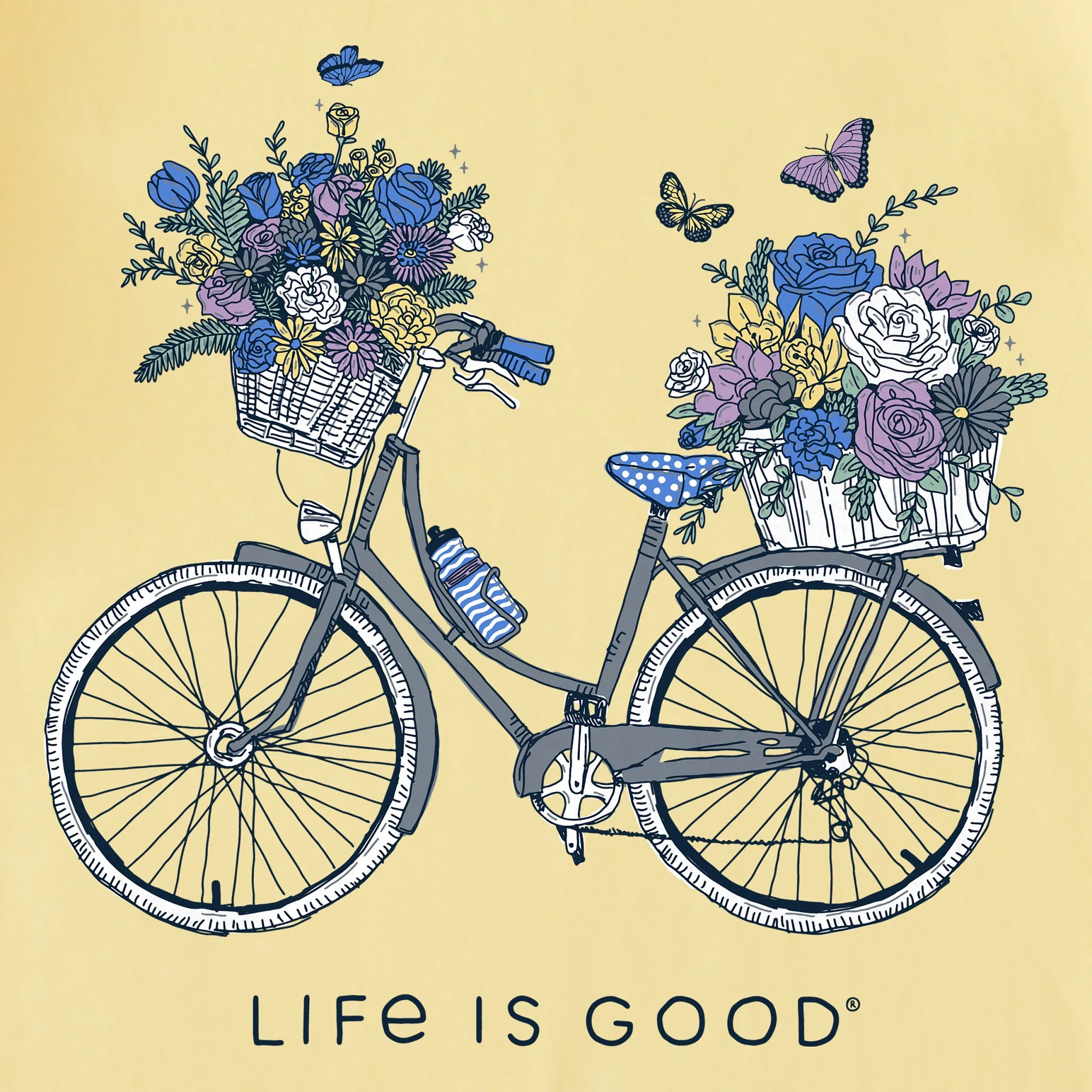 Women's Bike Flower Baskets Short Sleeve Vee Life is Good