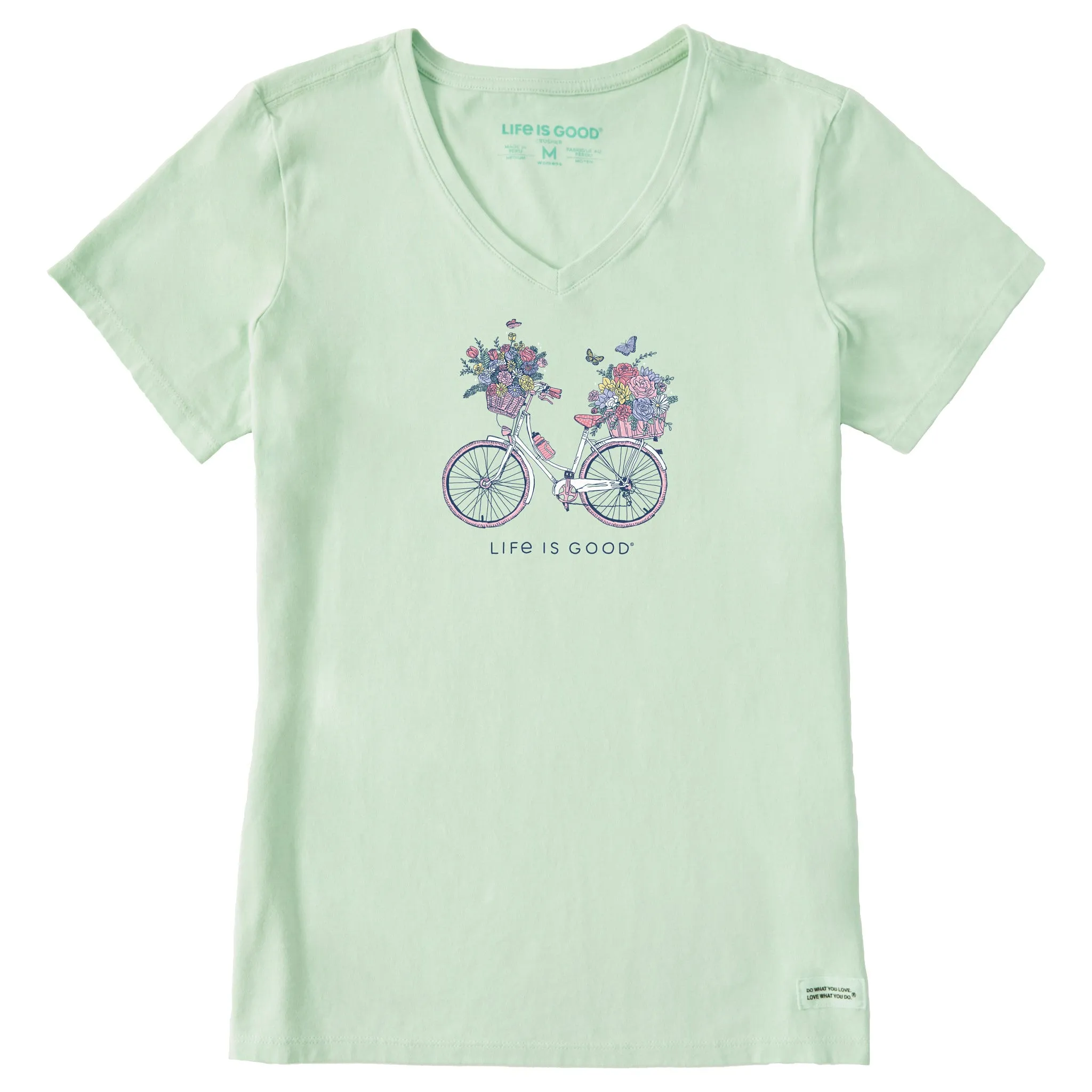 Women's Bike Flower Baskets Short Sleeve Vee Life is Good