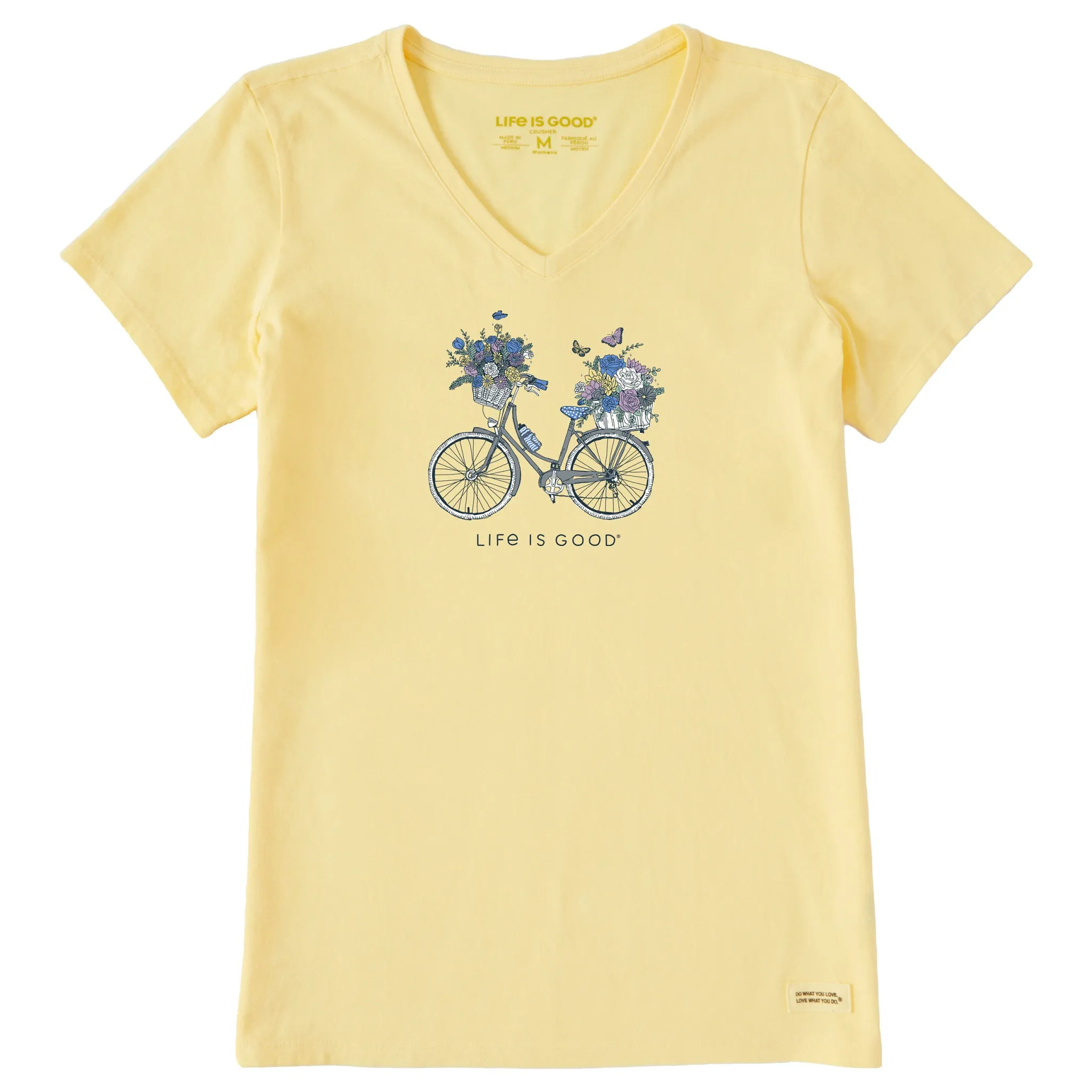 Women's Bike Flower Baskets Short Sleeve Vee Life is Good
