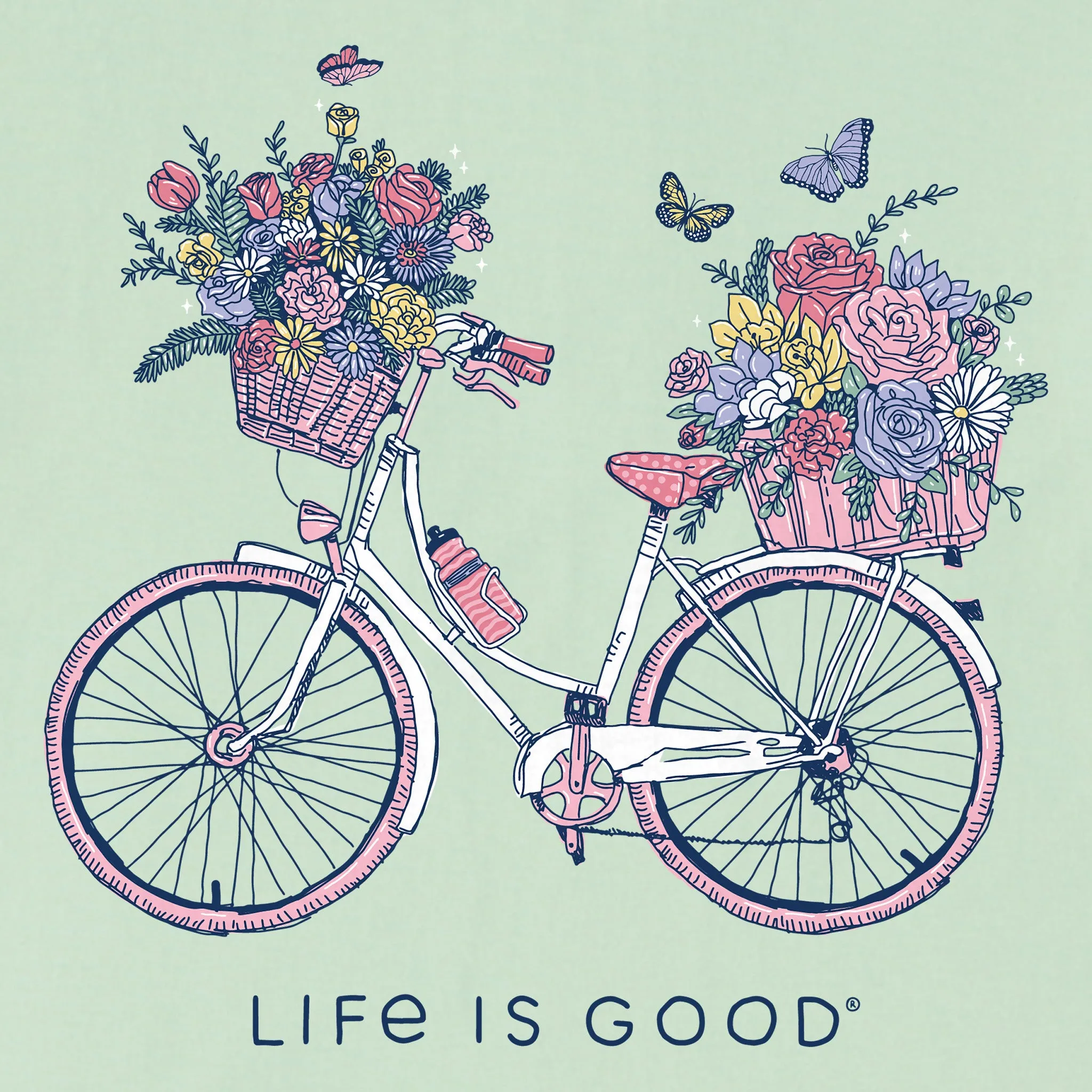 Women's Bike Flower Baskets Short Sleeve Vee Life is Good