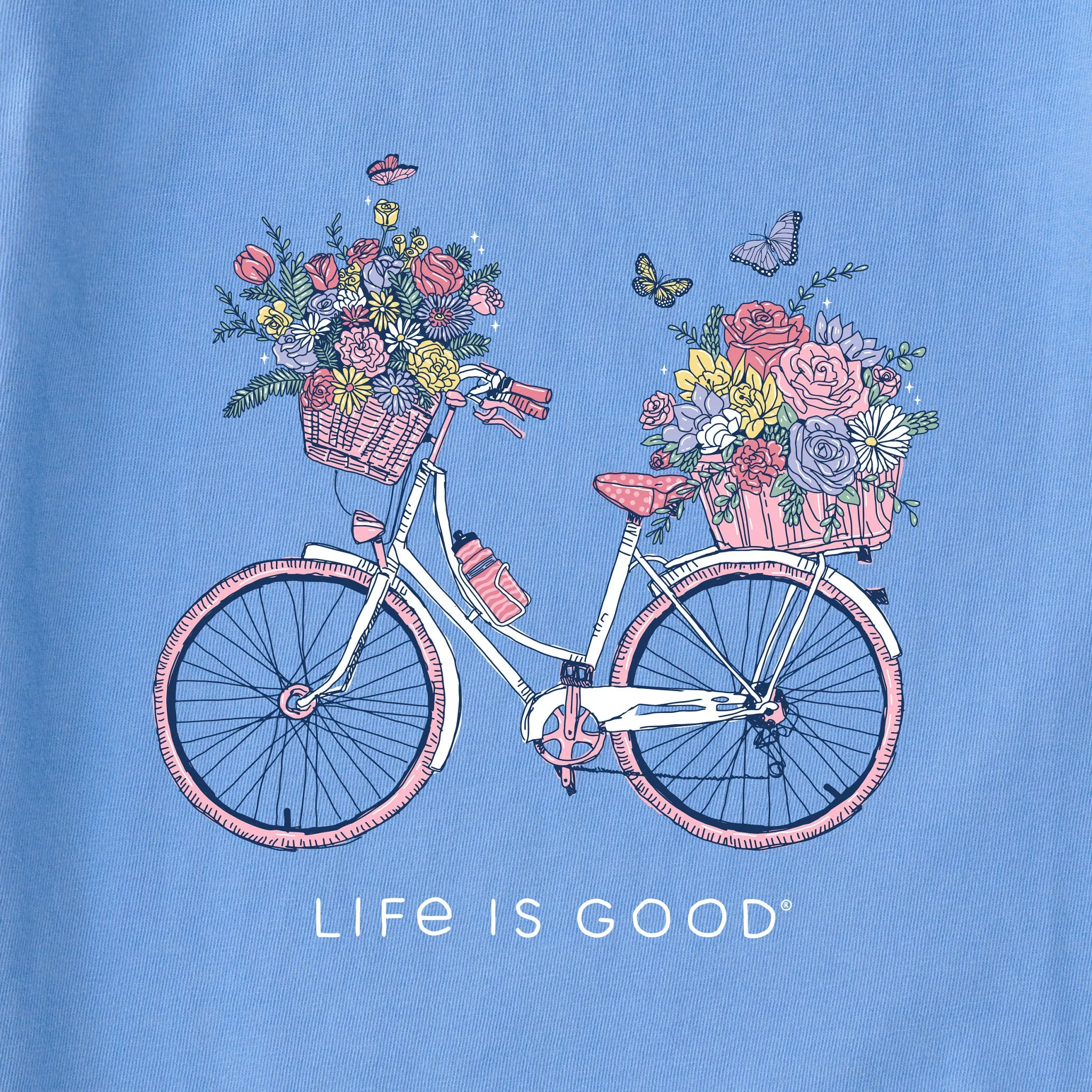 Women's Bike Flower Baskets Short Sleeve Vee Life is Good