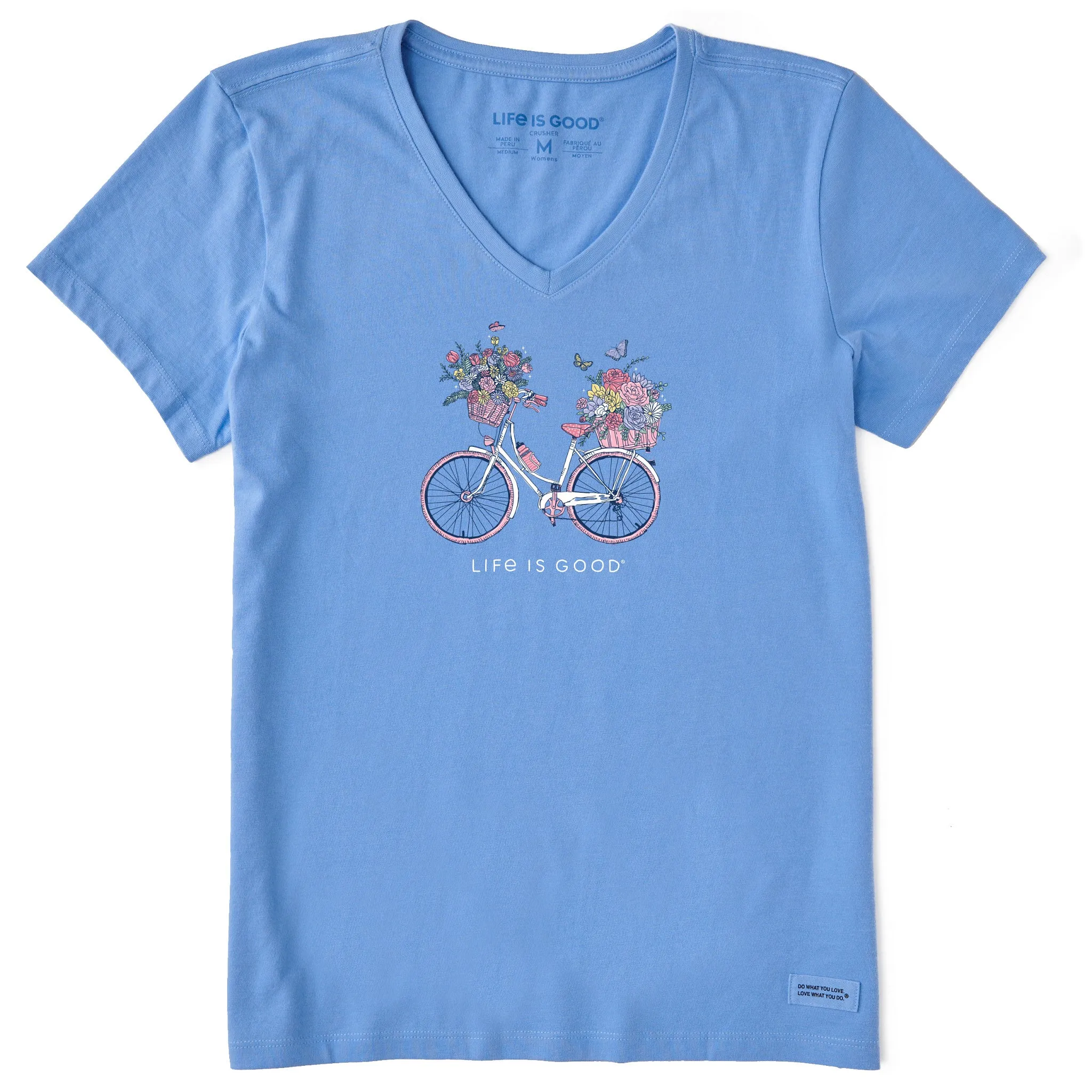 Women's Bike Flower Baskets Short Sleeve Vee Life is Good