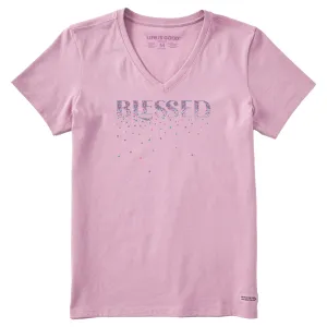 Women's Blessed Spring Flowers Short Sleeve Vee Life is Good