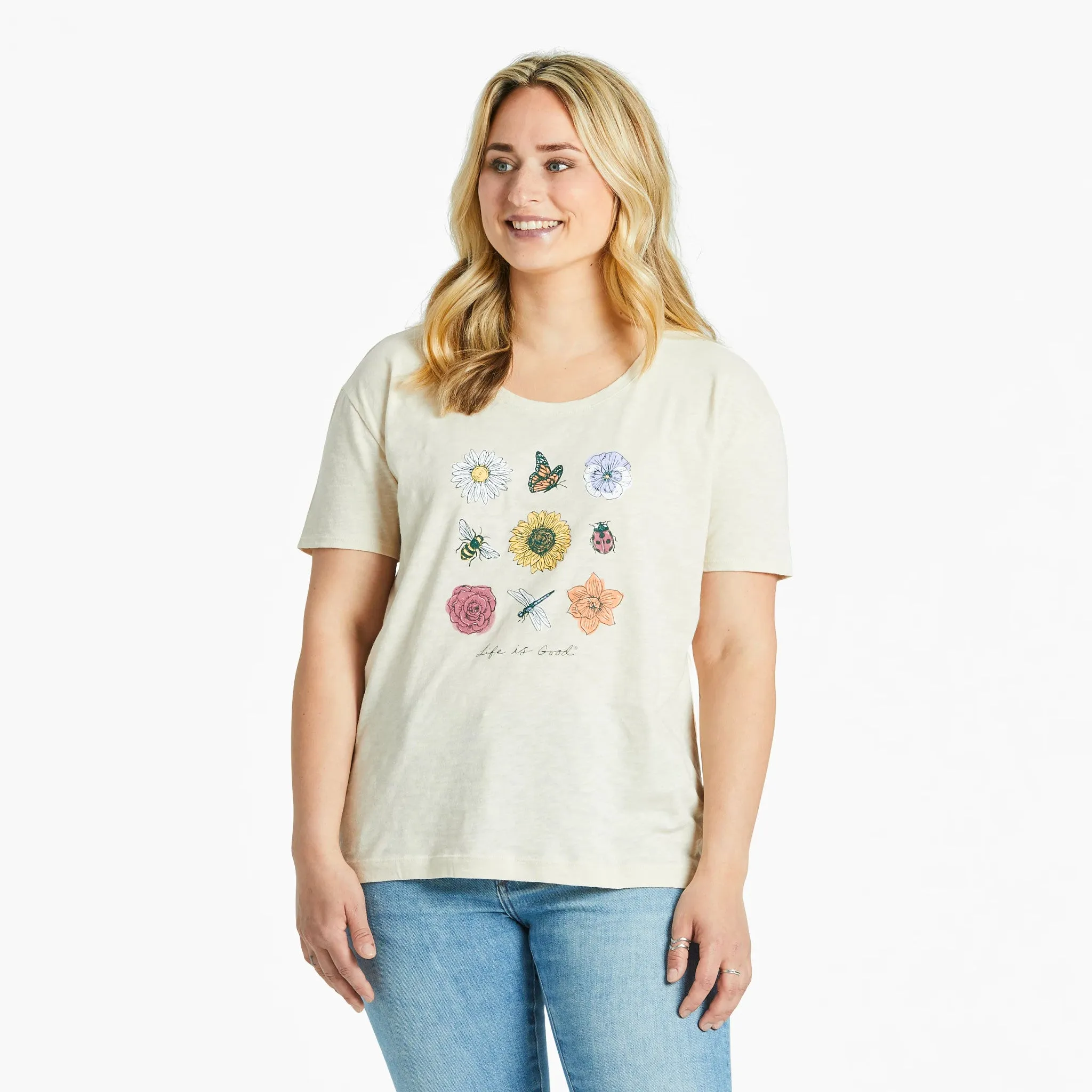 Women's Bugs and Flowers Grid Relaxed Fit Short Sleeve Slub Tee Life is Good