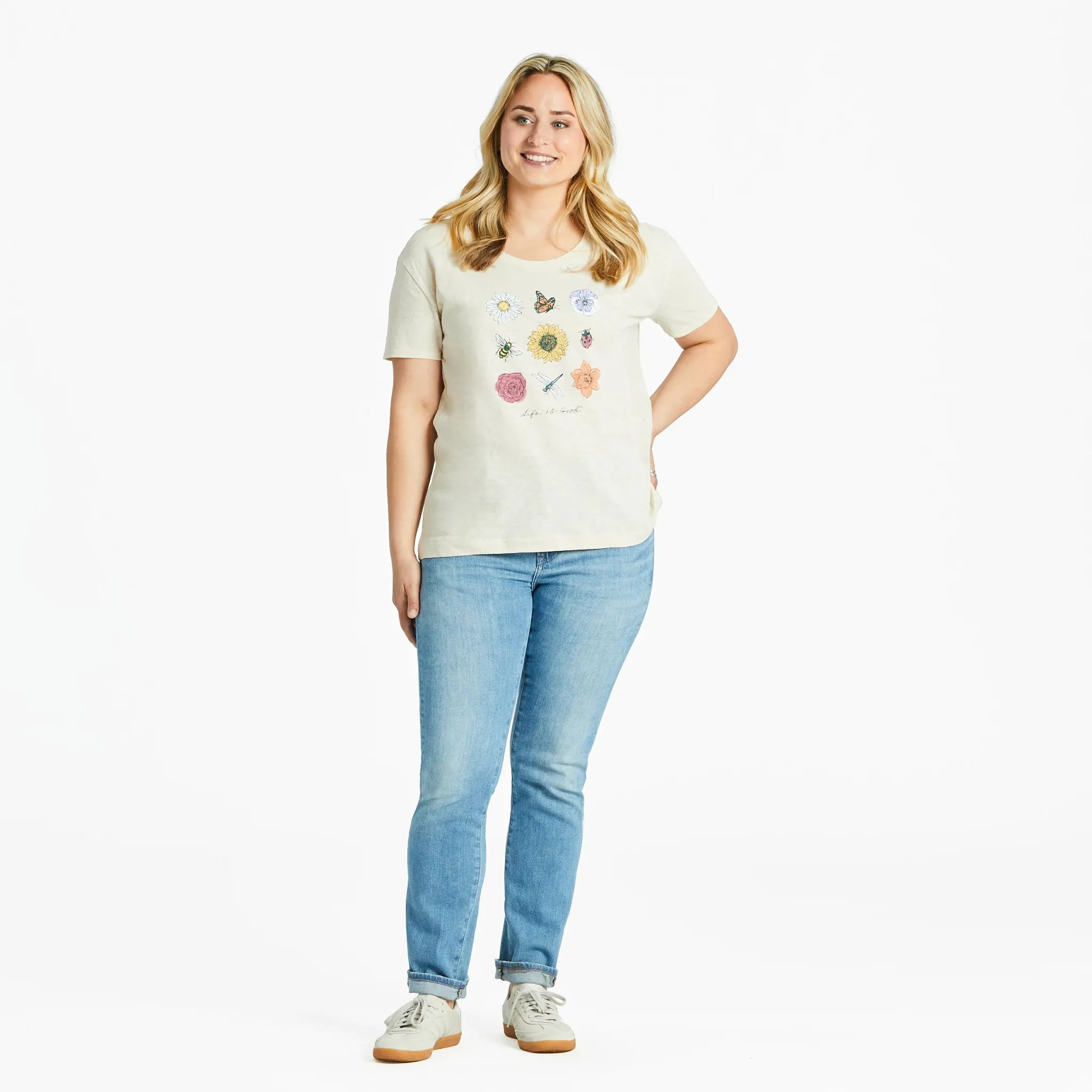 Women's Bugs and Flowers Grid Relaxed Fit Short Sleeve Slub Tee Life is Good