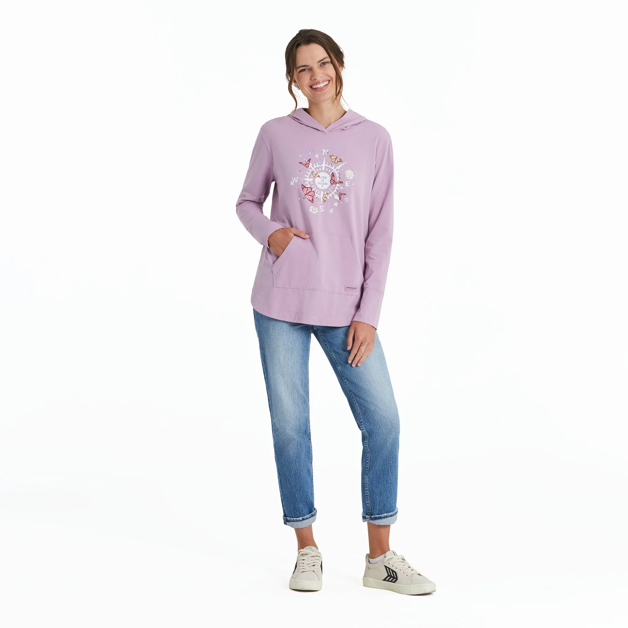 Women's Butterfly and Floral Compass Crusher-FLEX Hoodie Tunic Life is Good