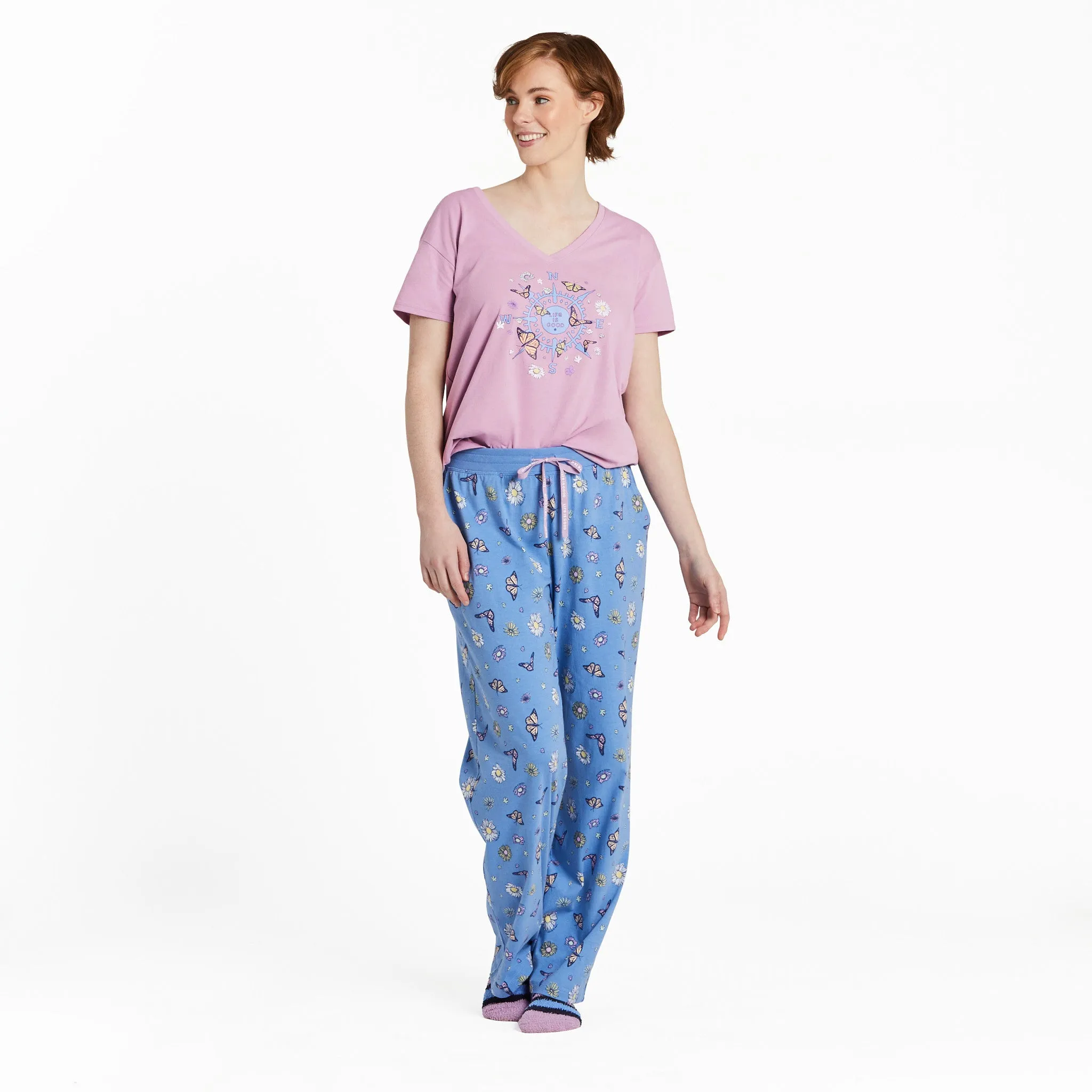 Women's Butterfly and Floral Compass Snuggle Up Relaxed Sleep Vee Life is Good