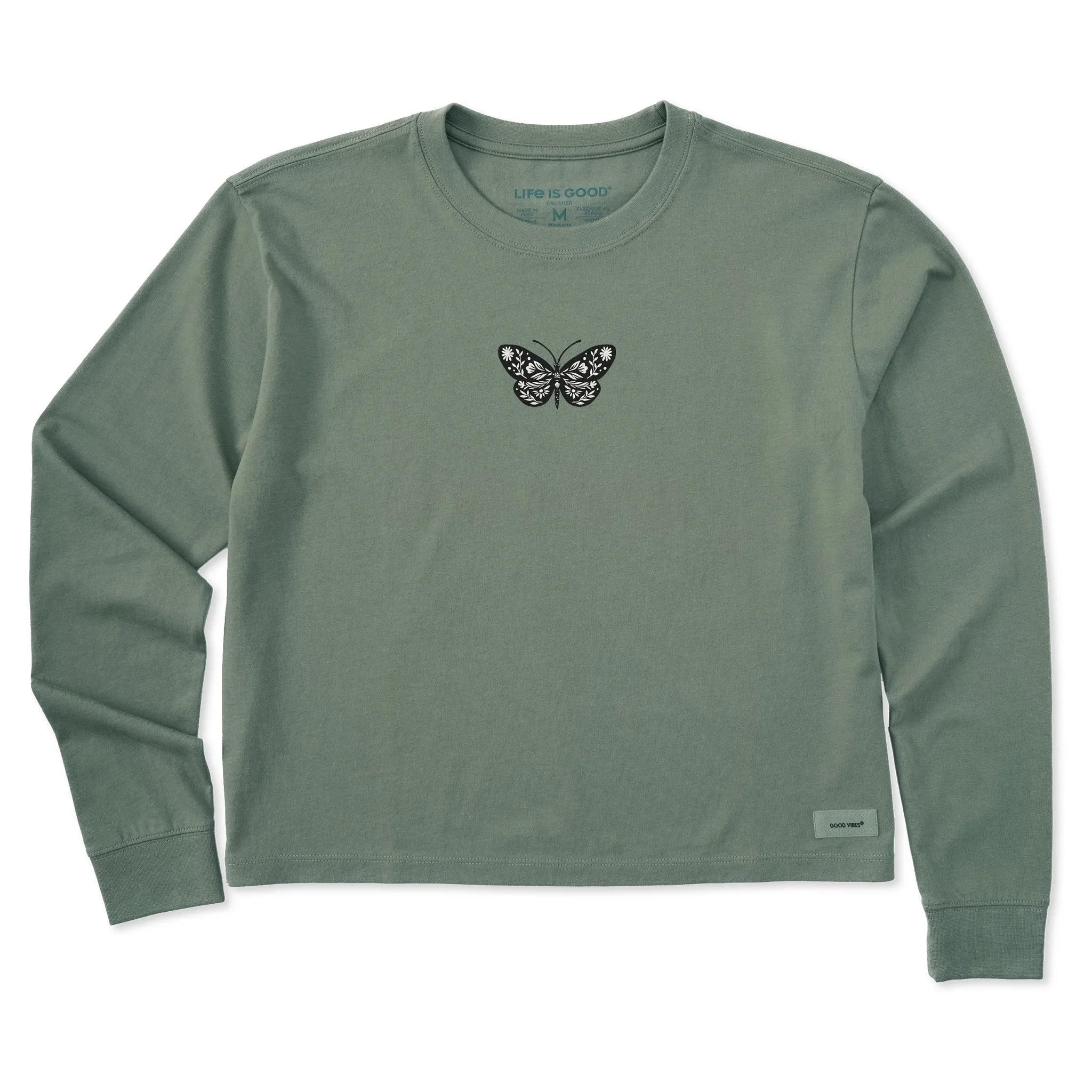 Women's Butterfly Floral Mini Long Sleeve Crusher Boxy Tee Life is Good