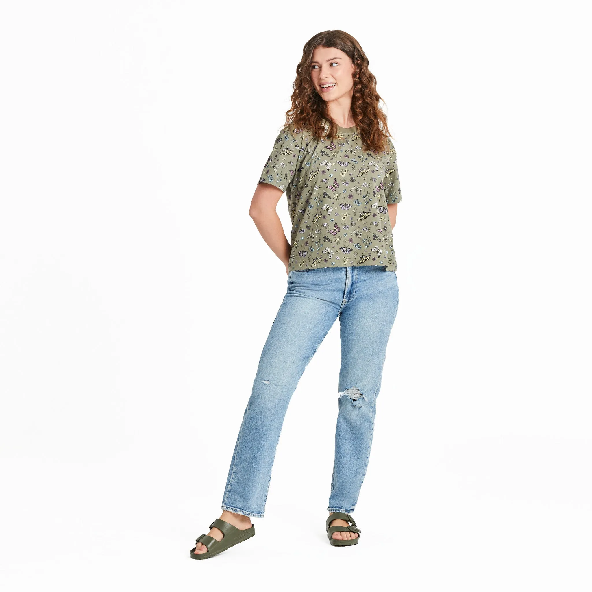 Women's Butterfly Garden Pattern Short Sleeve Crusher Boxy Tee Life is Good