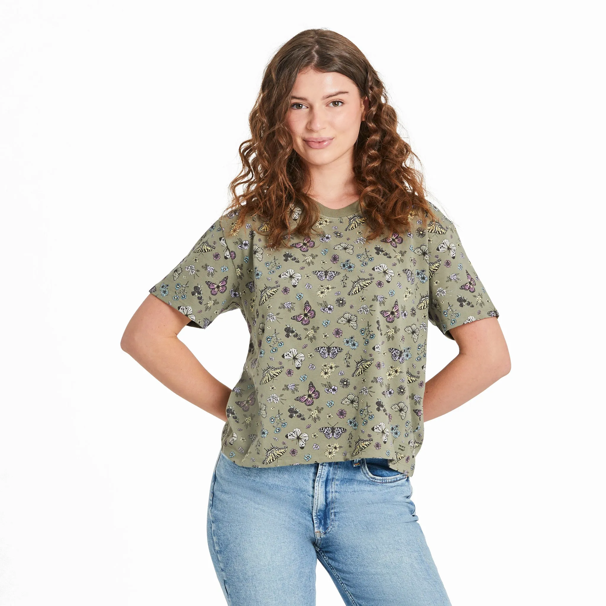 Women's Butterfly Garden Pattern Short Sleeve Crusher Boxy Tee Life is Good