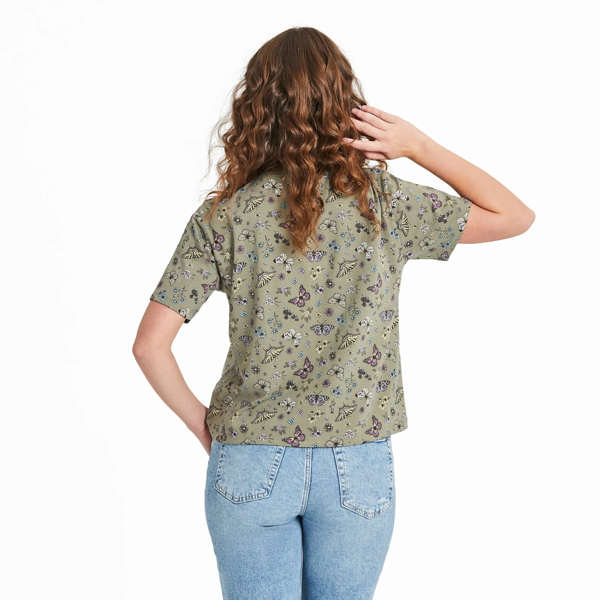 Women's Butterfly Garden Pattern Short Sleeve Crusher Boxy Tee Life is Good