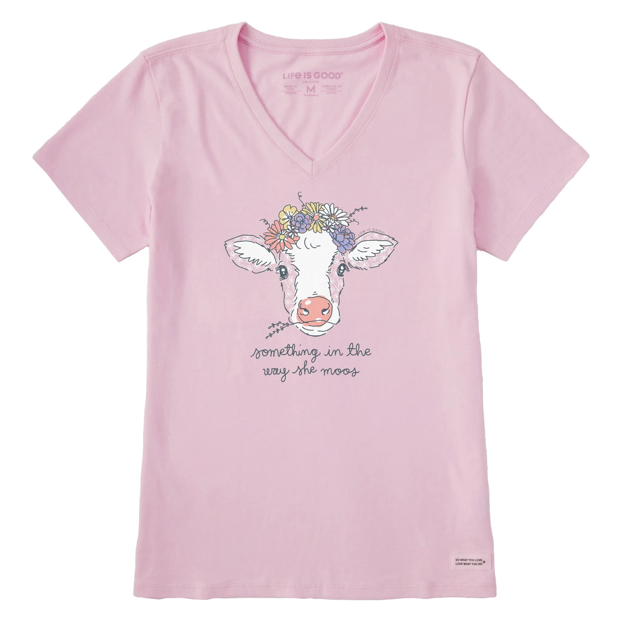 Women's Calf Flower Crown Short Sleeve Crusher Vee Life is Good