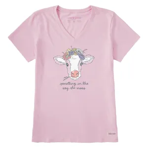 Women's Calf Flower Crown Short Sleeve Crusher Vee Life is Good